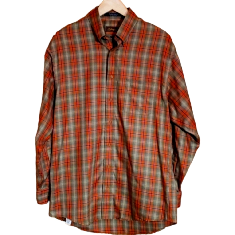 BURLINGTON M WRINKLE FREE ORANGE & GREEN LONGSLEEVE BUTTON DOWN PLAID SHIRT
